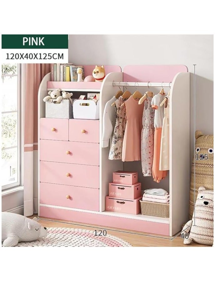 Generic Kids Wardrobe, Bedroom Cabinet Wooden Closet with 5 Drawers and Hanging Area for Clothes, Half-Open Baby Clothes Storage Organizer Cabinet Cupboard for Boys Girls Nursery Room (Pink)  - Image 2