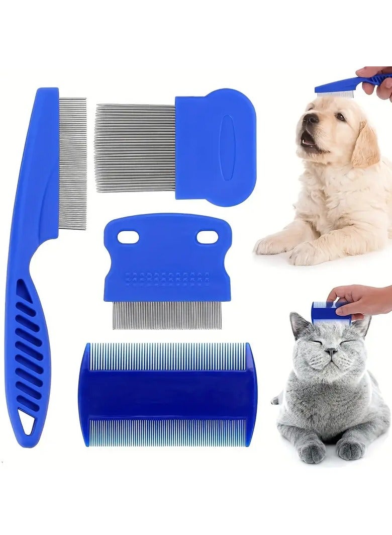 4-piece Flea Lice Comb, Stainless Steel Dog And Cat Grooming Comb, Round Teeth, Double-sided Professional Pet Tear Stain Remover For Small, Medium And Large Pets