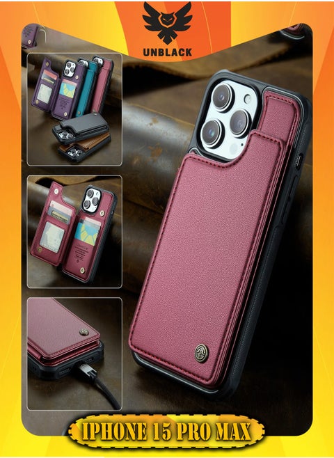 Wallet Case for Apple iPhone 15 Pro Max, Premium Handmade Durable PU Leather Slim Shockproof Case with [Double Magnetic Clasp] [Card Holder] [Kickstand] [RFID Blocking] (Red)