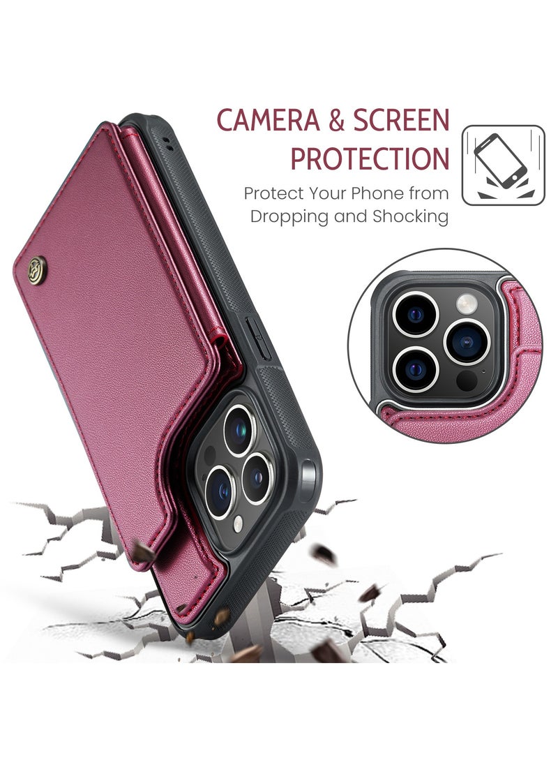 CaseMe - Wallet Case for Apple iPhone 15 Pro Max, Premium Handmade Durable PU Leather Slim Shockproof Case with [Double Magnetic Clasp] [Card Holder] [Kickstand] [RFID Blocking] (Red) - Image 1