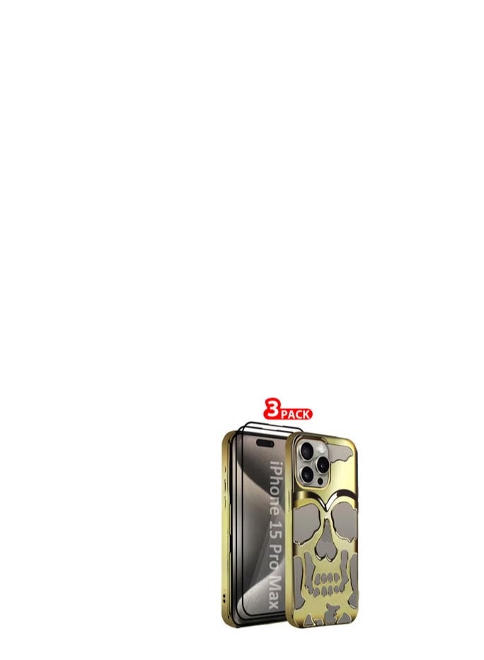 CATANES iPhone 15 Pro Max 3Packs Skull Case Cover Soft TPU and Glossy with Two 3D Shockproof Screen Protector - Gold - Image 1