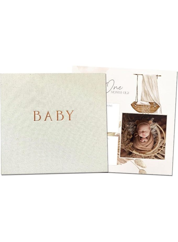 Peachly Unisex Baby Memory Book | Baby Photo Album Minimalist Baby Book First Year Baby Book Keepsake For Milestones | Simple Baby Scrapbook For Boy Girl Milestones | Natural Linen Haven - Image 1