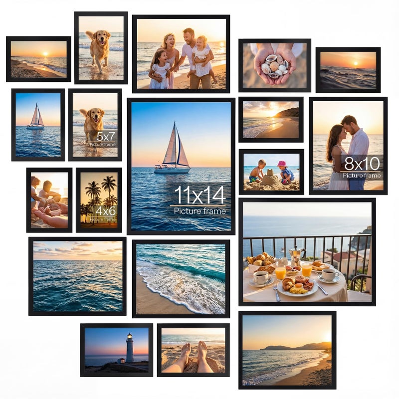 WIFTREY 18 Pack Picture Frames Collage Wall Decor, Black Gallery Photo Frame Set for Mounting or Tabletop Display, Multi Sizes Including 6pcs 4x6, 6pcs 5x7, 4pcs 8x10, 2pcs 11x14 - Image 1