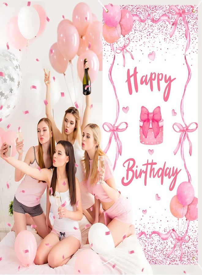 TagreSpike Pink Bow Birthday Door Banner Coquette Birthday Party Decorations Pink Bow Birthday Door Cover Happy Birthday Banner Pink Birthday Backdrop for Girls Woman Bachelorette Indoor Outdoor Party Supplies - Image 2