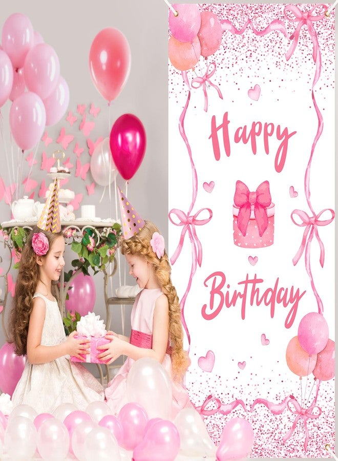 TagreSpike Pink Bow Birthday Door Banner Coquette Birthday Party Decorations Pink Bow Birthday Door Cover Happy Birthday Banner Pink Birthday Backdrop for Girls Woman Bachelorette Indoor Outdoor Party Supplies - Image 5