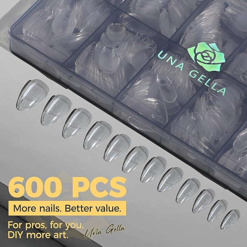 UNA GELLA Almond Gel X Nail Tips 600 Pcs Pre-filed Almond Nail Tips Full Cover Nail Tips Press On Nails 12 Sizes Half Matte Clear Fake Soft Gel Nail Tips for Nail Extension Home DIY Salon with Box - Image 4