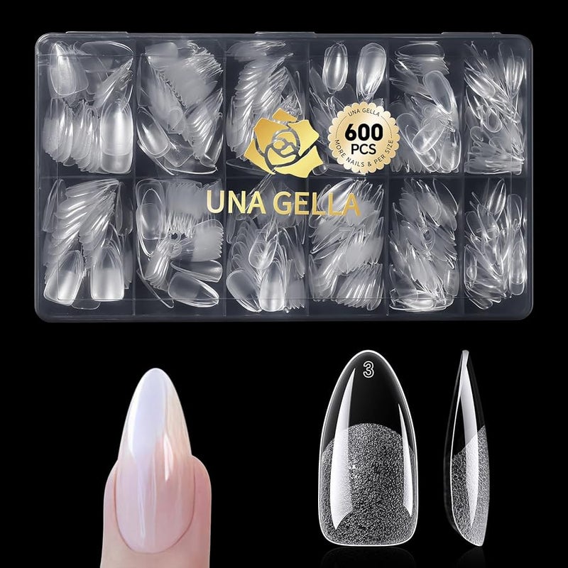 UNA GELLA Almond Gel X Nail Tips 600 Pcs Pre-filed Almond Nail Tips Full Cover Nail Tips Press On Nails 12 Sizes Half Matte Clear Fake Soft Gel Nail Tips for Nail Extension Home DIY Salon with Box - Image 1