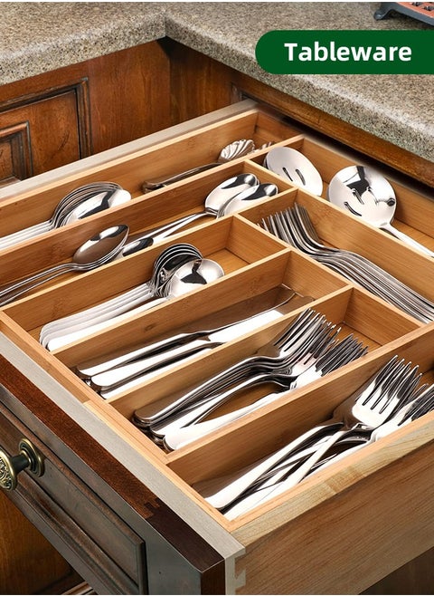 Bamboo Expandable Drawer Organizer - Silverware Utensil Holder Cutlery Tray Flatware Dividers