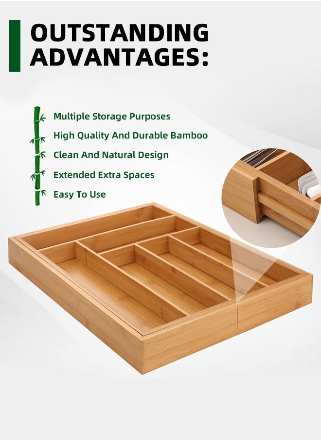 Bamboo Expandable Drawer Organizer - Silverware Utensil Holder Cutlery Tray Flatware Dividers
