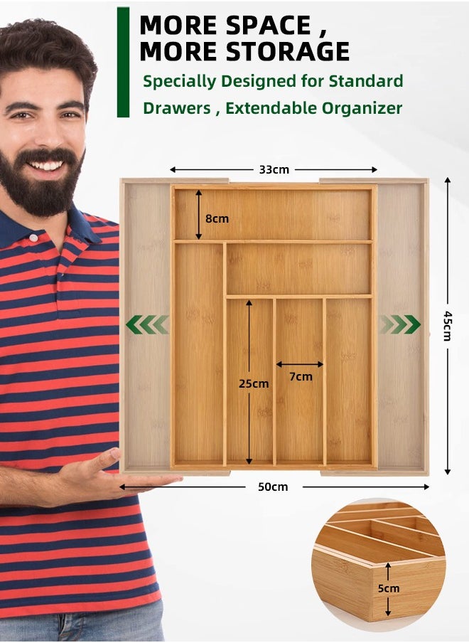 Bamboo Expandable Drawer Organizer - Silverware Utensil Holder Cutlery Tray Flatware Dividers