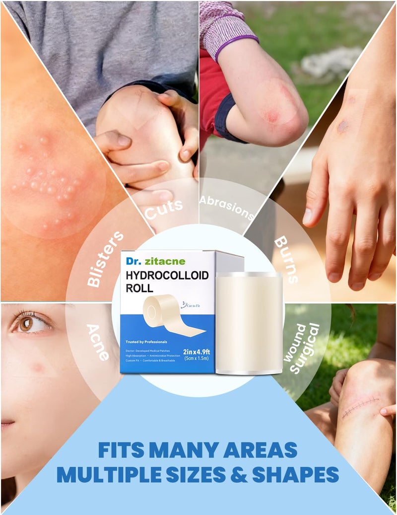 Dr. Zitacne لفافة هيدروكولود للعناية بالجروح وحب الشباب، لاصقة بثور قابلة للقطع، ضمادات هيدروكولود قابلة للتخصيص، مقاومة للماء، تمتص القيح، مرنة، نظيفة وسهلة الاستخدام، الإسعافات الأولية لحب الشباب، الجروح والبثور (2 بوصة × 4.9 قدم) - Image 5
