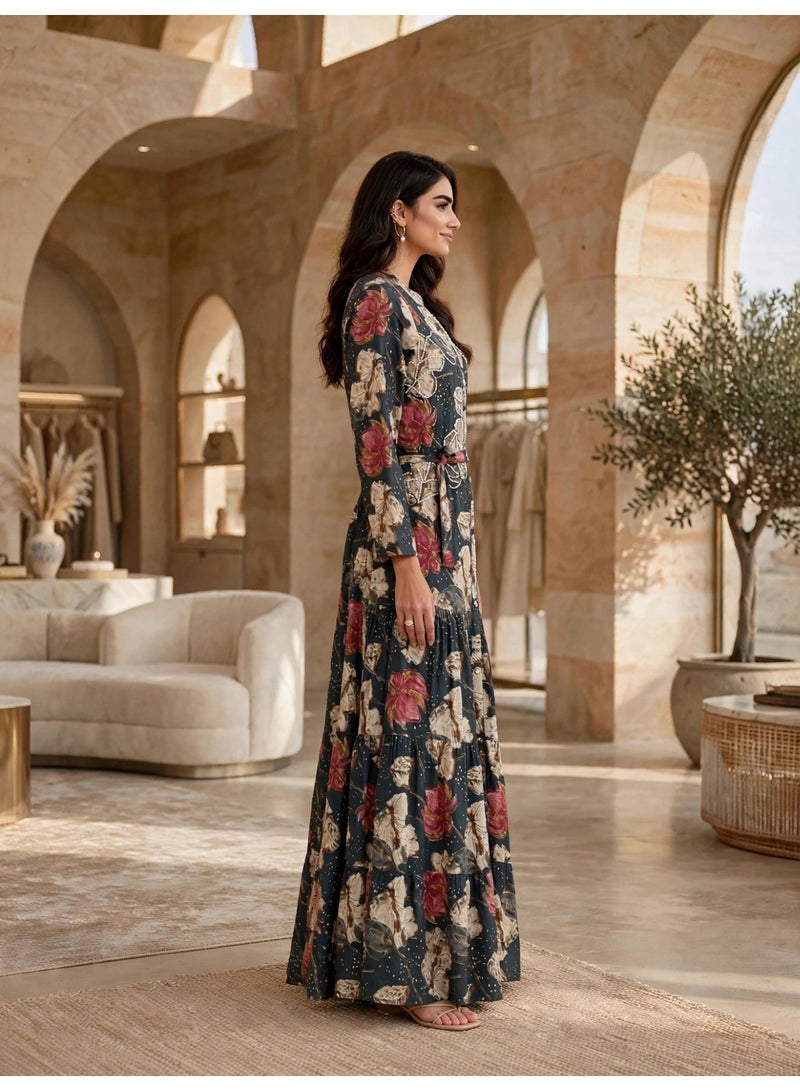 IKKXA Elegant Floral Tiered Maxi Dress IK27Grey - Image 3