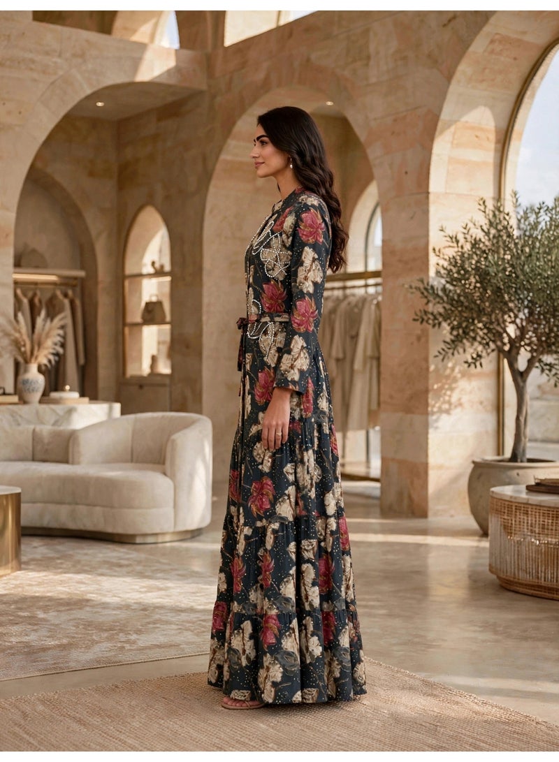 IKKXA Elegant Floral Tiered Maxi Dress IK27Grey - Image 4