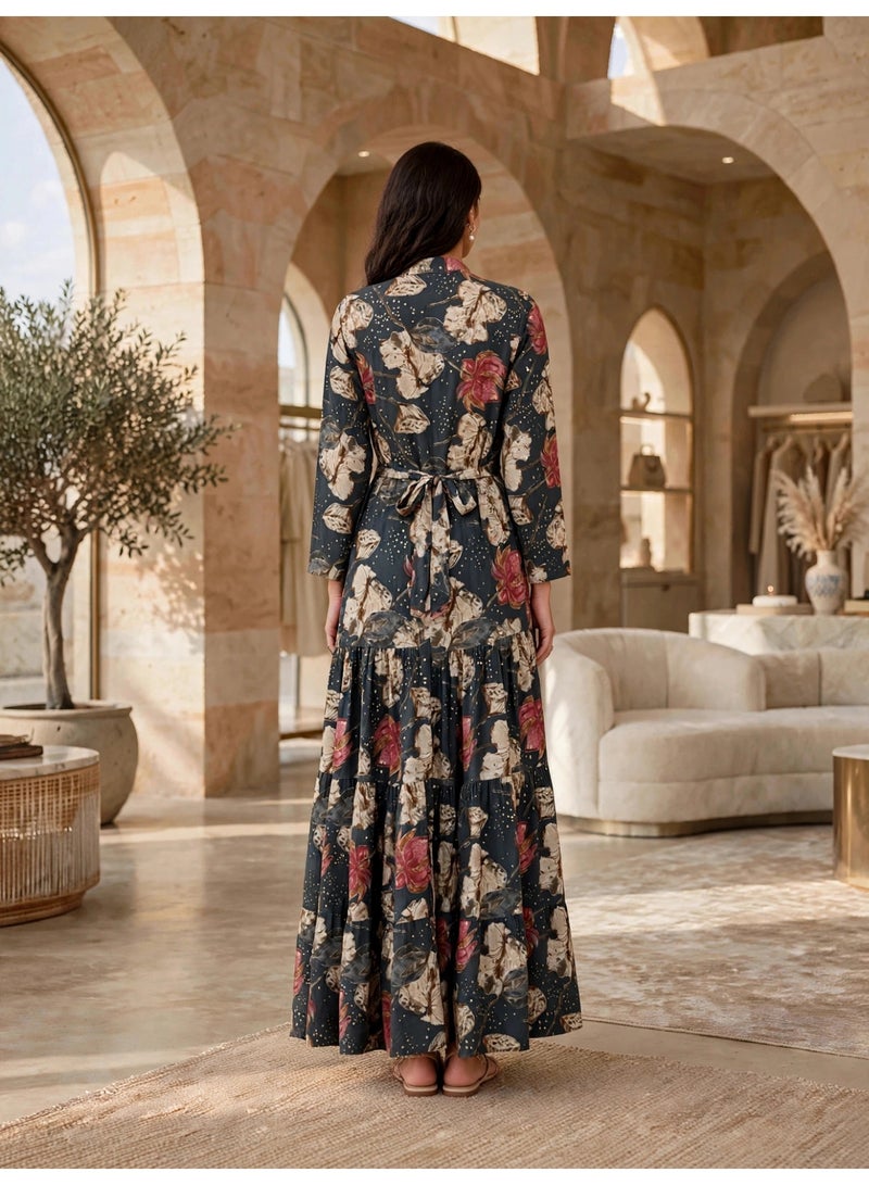 IKKXA Elegant Floral Tiered Maxi Dress IK27Grey - Image 5