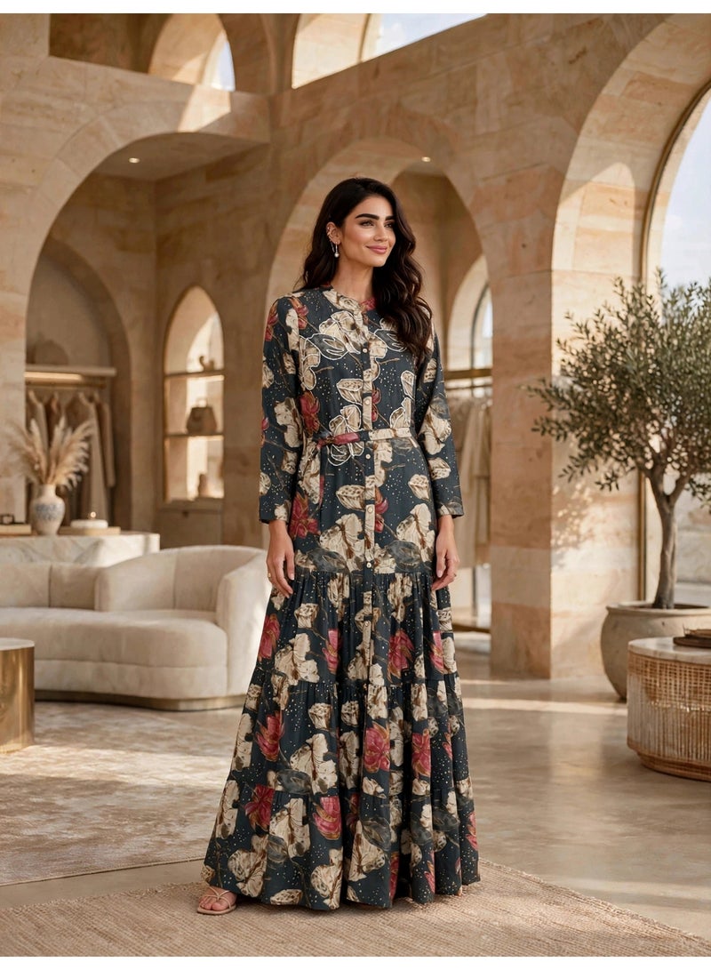 IKKXA Elegant Floral Tiered Maxi Dress IK27Grey - Image 1