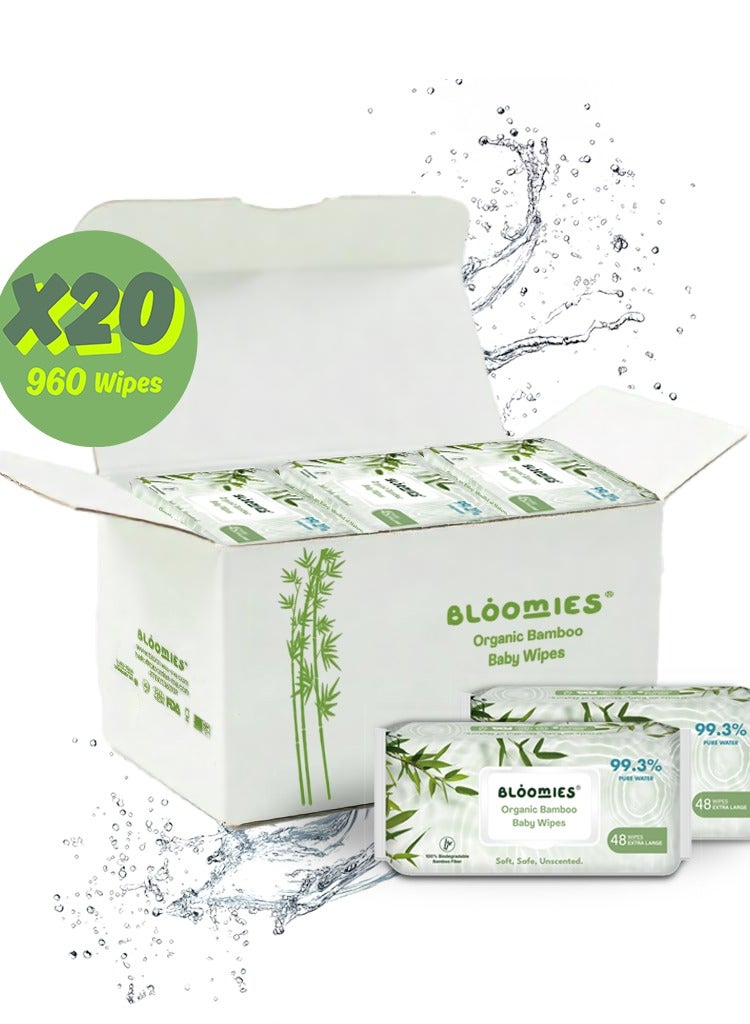 Bloomies Organic Bamboo Baby Wet Wipes, 99.3% Pure Water Wipes, Unscented, Extra Large, Eco-friendly, Soft, 100% Biodegradable Bamboo Fiber, 20 Packs of 48 Wipes (960 Wipes) - Image 1