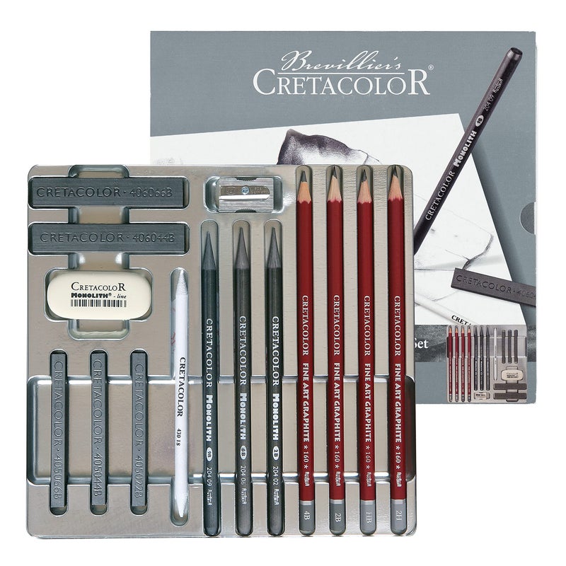CRETACOLOR Silver Box Graphite Drawing Set Graphite Drawing Set 15 Pieces for Beginners and Professionals