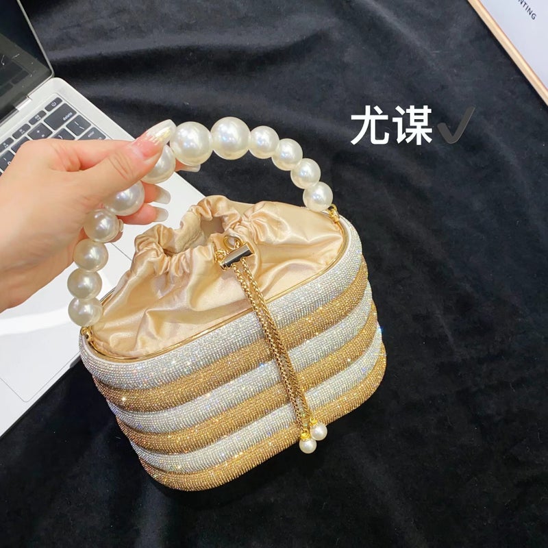 French Glitter Colorblock Rainbow Cage Pearl Silk Bucket Bag Gold Spell Silver [High Match Edition]]