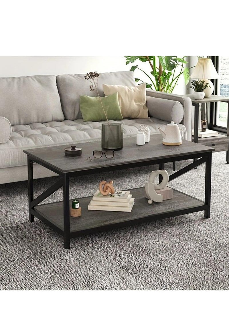 Golden 2-Tier Coffee Table for Living Room Durable Industrial Coffee Table End Table Storage Shelf Metal Leg X-Frame Design Walnut 100 * 55cm For Living Room and Bedroom  - Image 1
