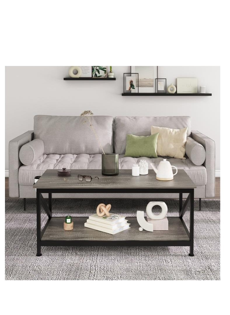 Golden 2-Tier Coffee Table for Living Room Durable Industrial Coffee Table End Table Storage Shelf Metal Leg X-Frame Design Walnut 100 * 55cm For Living Room and Bedroom  - Image 3