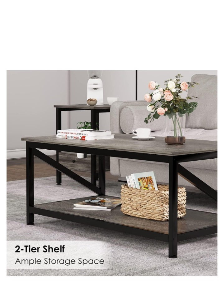Golden 2-Tier Coffee Table for Living Room Durable Industrial Coffee Table End Table Storage Shelf Metal Leg X-Frame Design Walnut 100 * 55cm For Living Room and Bedroom  - Image 4