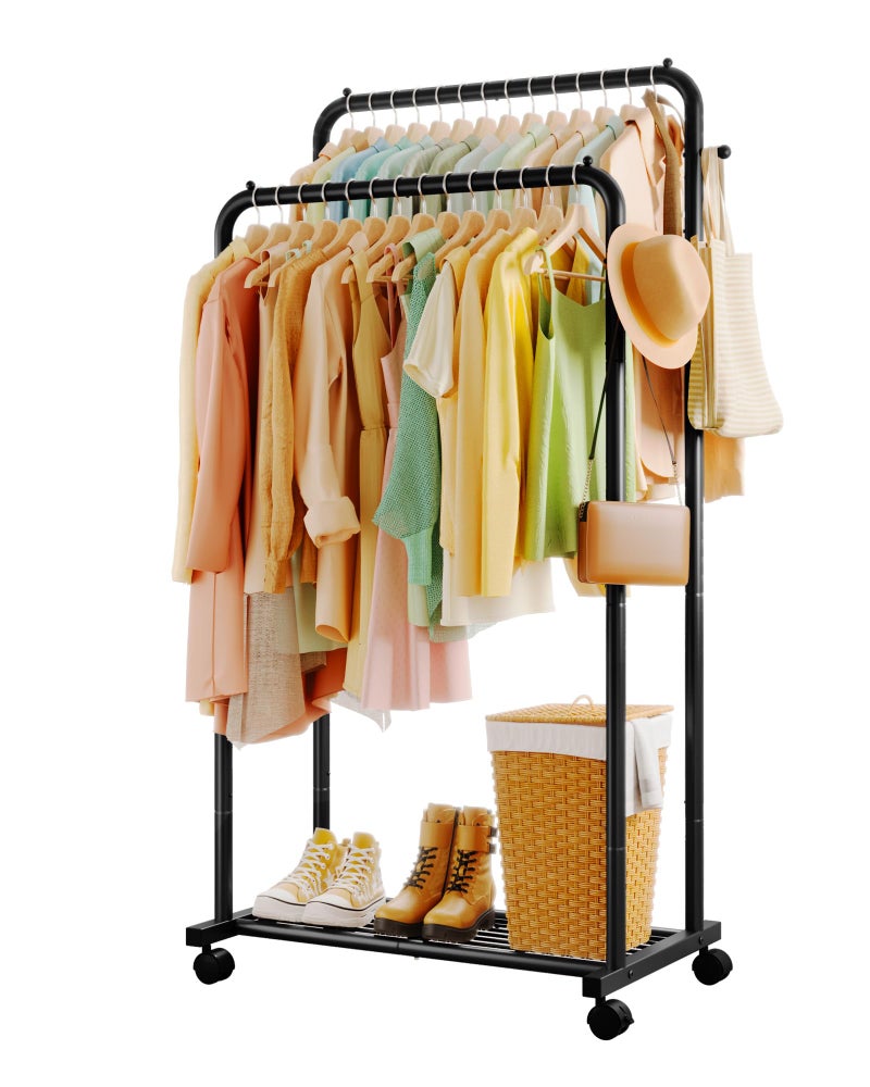 Sakugi Clothes Rack - Double Rods Clothing Rack with Mesh Shelf, Hooks & Wheels, Metal Clothing Racks for Hanging Clothes & Bags, Multifunctional Garment Rack for Laundry, Black, 28.7" x 16.5" x 59.1" - Image 1