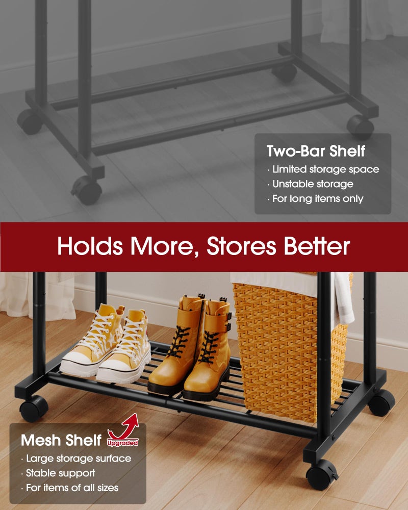 Sakugi Clothes Rack - Double Rods Clothing Rack with Mesh Shelf, Hooks & Wheels, Metal Clothing Racks for Hanging Clothes & Bags, Multifunctional Garment Rack for Laundry, Black, 28.7" x 16.5" x 59.1" - Image 4