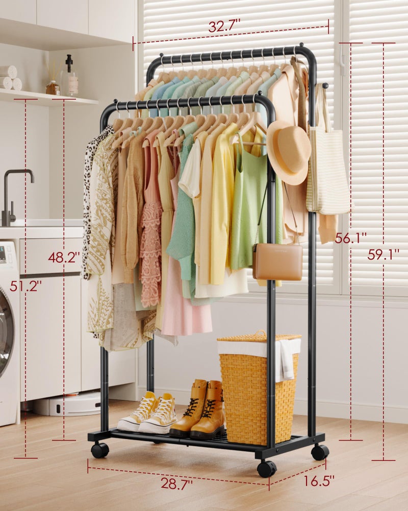 Sakugi Clothes Rack - Double Rods Clothing Rack with Mesh Shelf, Hooks & Wheels, Metal Clothing Racks for Hanging Clothes & Bags, Multifunctional Garment Rack for Laundry, Black, 28.7" x 16.5" x 59.1" - Image 2