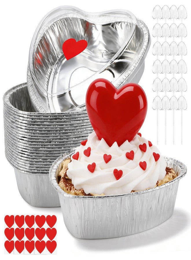 Vynium 24 Set 27 oz Heart Shaped Cake Pan with Lid Spoon, 7.4 Inch Aluminum Foil Disposable Cupcake Baking Pan Heart Shaped Box Muffin Tin Liner Pudding Cooking Cup for Mother's Day Birthday Party Supplies - Image 1