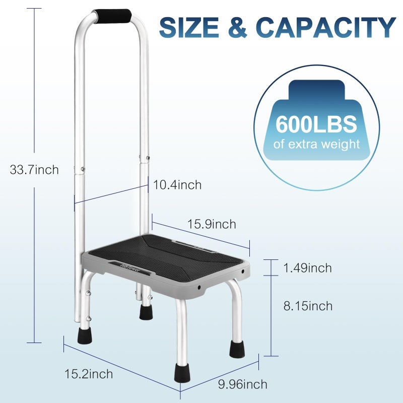 HBTower Aluminum Step Stool with Handle for Elderly, Lightweight Step Stools for Adults Seniors with Non-Slip Rubber Feet, Stepping Stools for Bedroom Kitchen Bathroom, Bed Steps for High Beds - Image 2