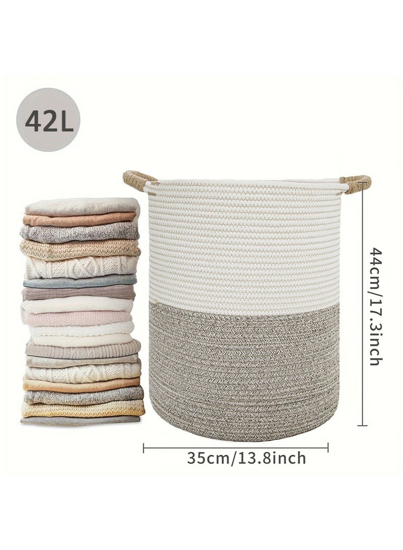 42L Cotton Rope Laundry Hamper - Large Nursery Clothes Storage Basket with Handle, Decorative Baby Basket for Living Room, Bedroom, Boho Tall Rope Baskets for Clothes Blanket Toys (35x44cm, White&Brown) - Image 3