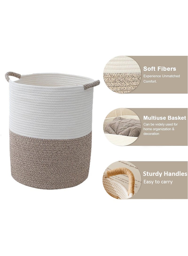 42L Cotton Rope Laundry Hamper - Large Nursery Clothes Storage Basket with Handle, Decorative Baby Basket for Living Room, Bedroom, Boho Tall Rope Baskets for Clothes Blanket Toys (35x44cm, White&Brown) - Image 5