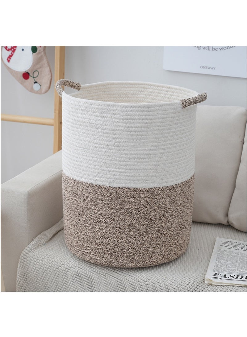 42L Cotton Rope Laundry Hamper - Large Nursery Clothes Storage Basket with Handle, Decorative Baby Basket for Living Room, Bedroom, Boho Tall Rope Baskets for Clothes Blanket Toys (35x44cm, White&Brown) - Image 1