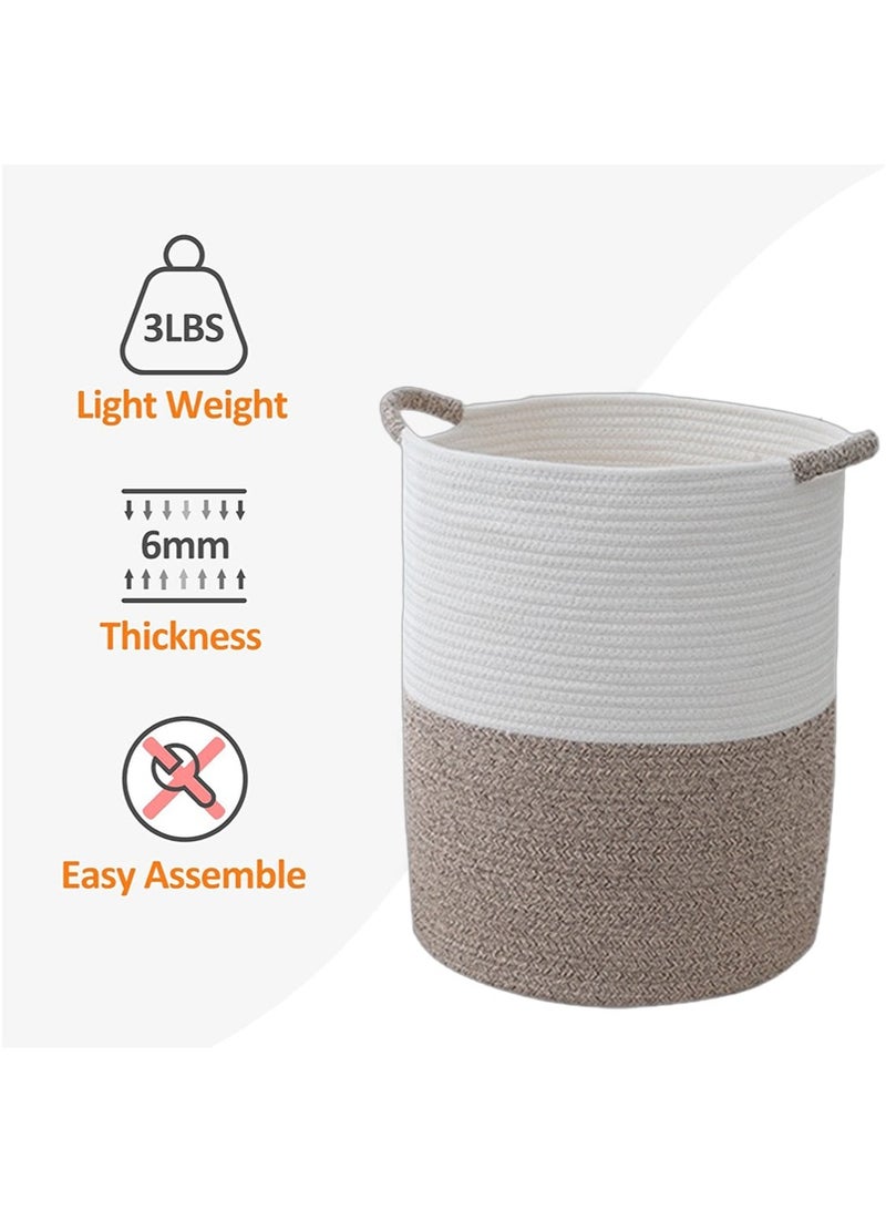 42L Cotton Rope Laundry Hamper - Large Nursery Clothes Storage Basket with Handle, Decorative Baby Basket for Living Room, Bedroom, Boho Tall Rope Baskets for Clothes Blanket Toys (35x44cm, White&Brown) - Image 4