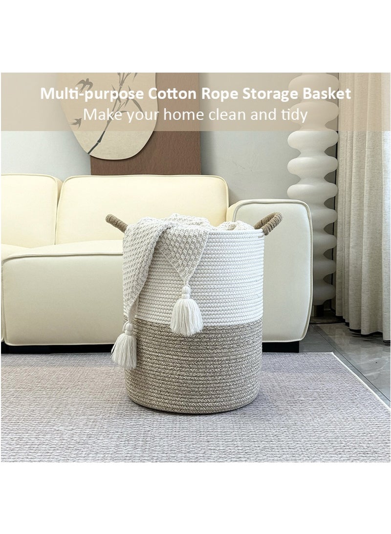 42L Cotton Rope Laundry Hamper - Large Nursery Clothes Storage Basket with Handle, Decorative Baby Basket for Living Room, Bedroom, Boho Tall Rope Baskets for Clothes Blanket Toys (35x44cm, White&Brown) - Image 2
