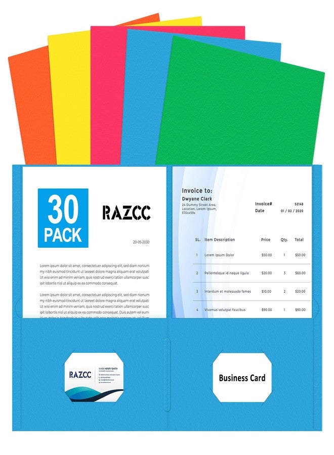 RAZCC Two Pocket Folders, 30 Pack File Folders with Pockets Fit Letter Size Paper, Thick Paper File Folder for School Office Business Home, Assorted 5 Colors - Image 1