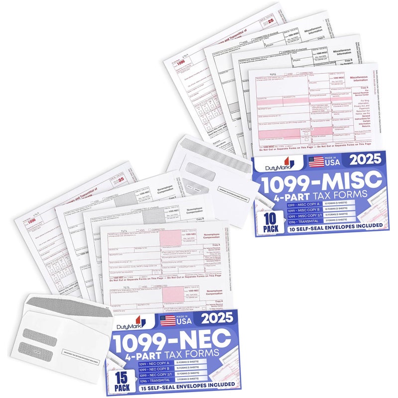 Dutymark 2025 1099-NEC and 1099 Misc 4-Part Tax Forms Combo Kit, for All Non-Employee Compensation Filing, Self Seal Envelopes Included, QuickBooks and Other Software Compatible - Image 1