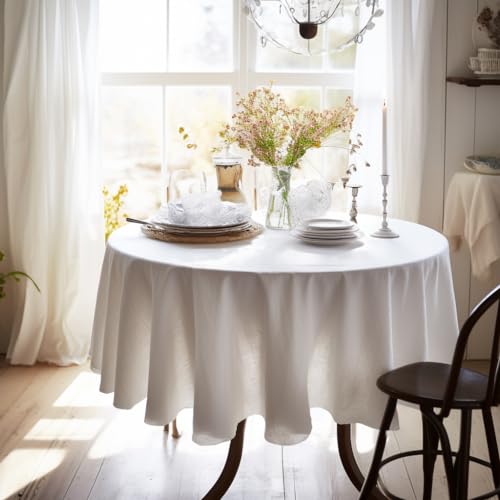 EVERLY 100 Pure Linen Round Tablecloths 80Inch Round Machine Washable Tablecloth for ThanksgivingDecorative HalloweenBuffet PartiesPicnicEventsWeddings and RestaurantsWhite - Image 1