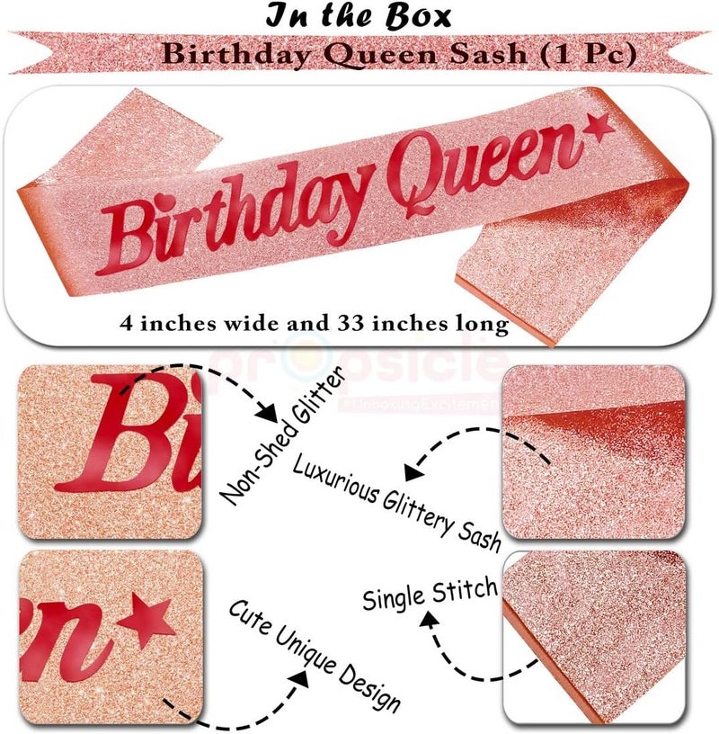 Propsicle Rose Gold Glitter Birthday Queen Foil Text Sash for Girl Theme Party Birthday Party Decoration Items Women, Girls, Mom Bday Party, Princess, Birthday Decorations - Pack of 1 - Image 2