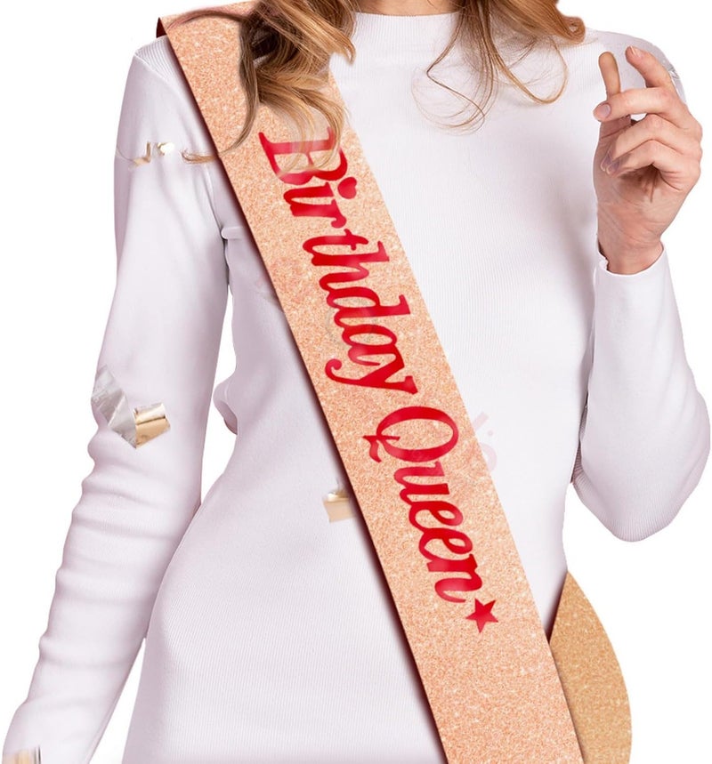 Propsicle Rose Gold Glitter Birthday Queen Foil Text Sash for Girl Theme Party Birthday Party Decoration Items Women, Girls, Mom Bday Party, Princess, Birthday Decorations - Pack of 1 - Image 1