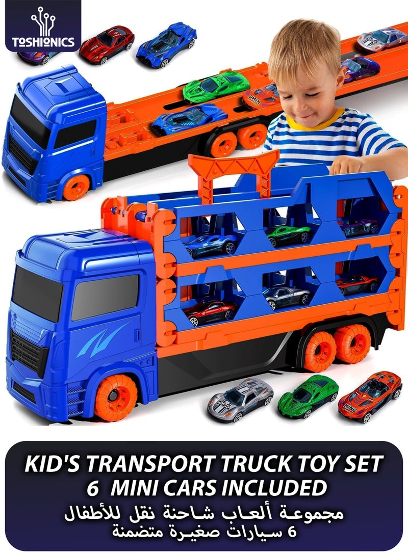 Toshionics لعبة شاحنة نقل السيارات مع 6 سيارات سحب للخلف، ألعاب شاحنة نقل للأولاد والبنات من عمر 3 إلى 7 سنوات، مجموعة ألعاب مركبة تخزين كبيرة، ألعاب سيارات سباق تعليمية - Image 1