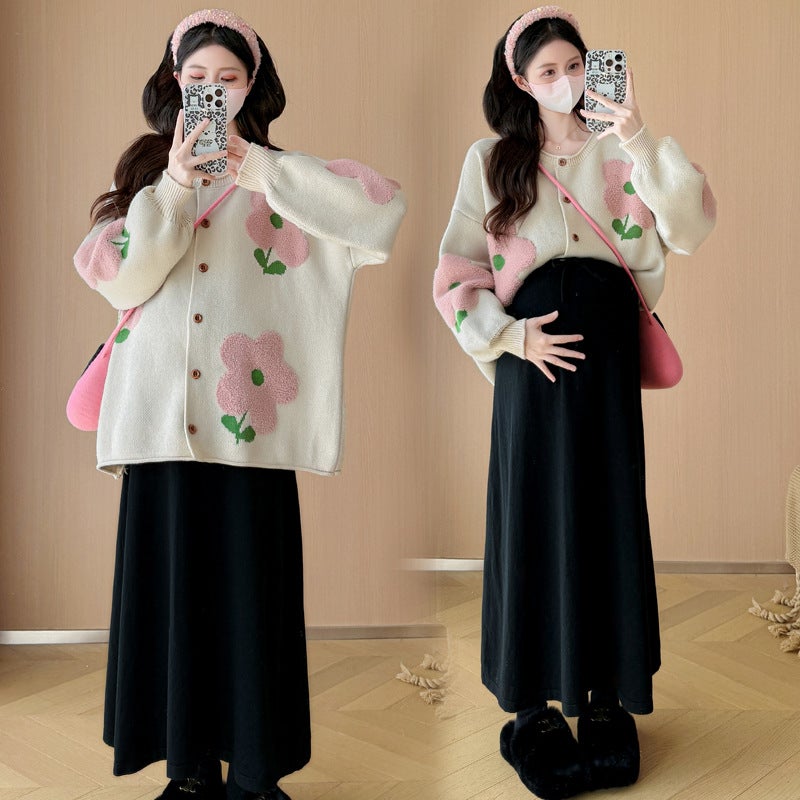 Internet Celebrity 2024 Pregnant Women Autumn and Winter Fashion Loose Slimming Age Reducing Heavy Industry Embroidered Flower Soft Waxy Sweater Cardigan suit Black [skirt] - Image 5