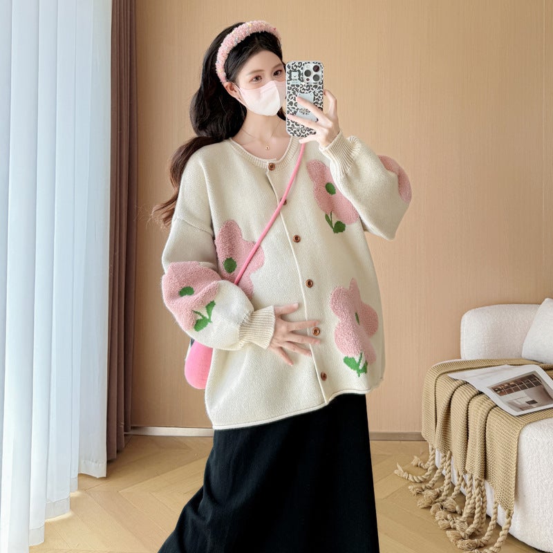 Internet Celebrity 2024 Pregnant Women Autumn and Winter Fashion Loose Slimming Age Reducing Heavy Industry Embroidered Flower Soft Waxy Sweater Cardigan suit Black [skirt] - Image 2