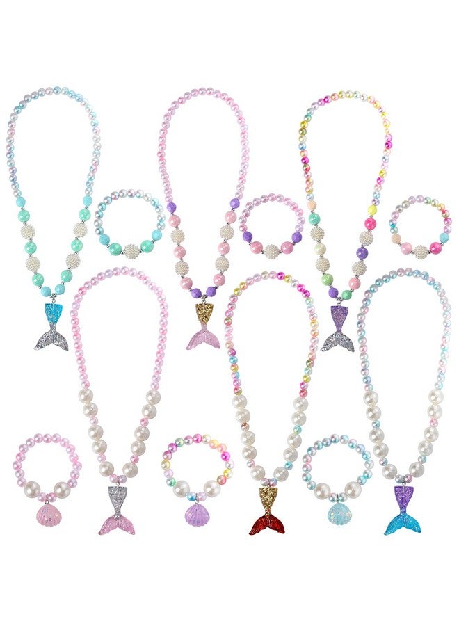 بينك شيب قلادات وأساور من الخرز على شكل حورية البحر للأطفال، مجموعات مجوهرات من اللؤلؤ على شكل حورية البحر للفتيات الصغيرات، عبوة من 6 قطع (12 قطعة)، حقائب هدايا للحفلات (حورية البحر) - Image 1