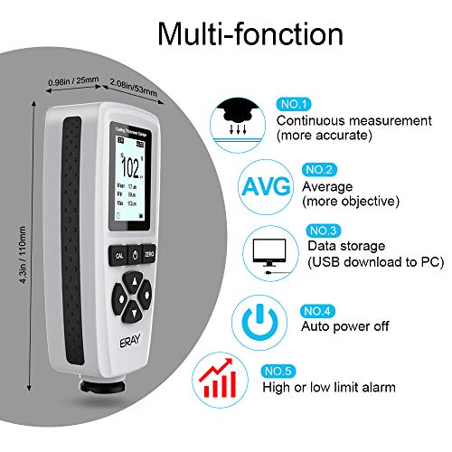 ERAY Mil Thickness Gauge, Coating Thickness Gauges, Paint Depth Gauge Meter with Backlight LCD Display for Car Automotive, Limit Alarm/Data Storage/Export Data/PC Software Analysis (Grey) - Image 2
