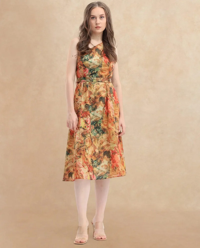 Rareism Women's One-Shoulder Midi Dress With Self-Design Belt