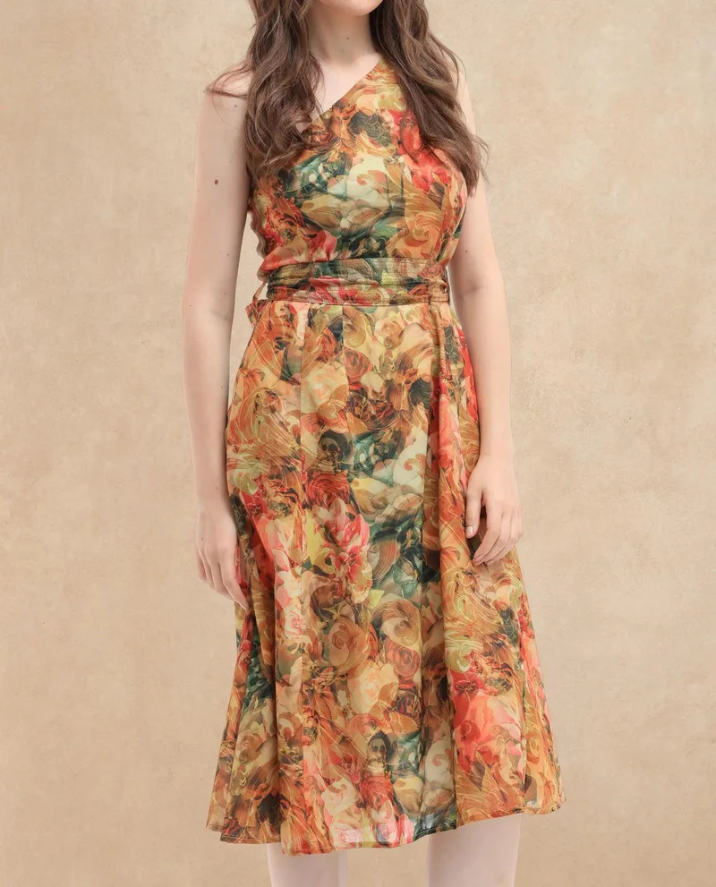 Rareism Women's One-Shoulder Midi Dress With Self-Design Belt
