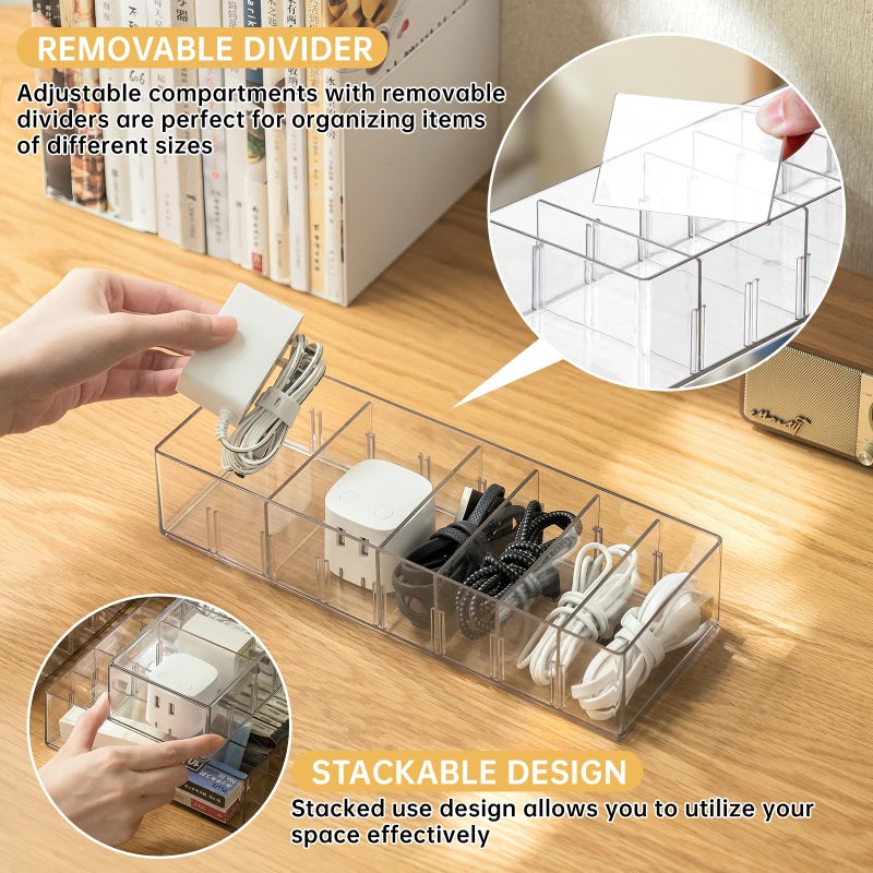 FRETONBA 2 Pack Cable Storage Organizer Box with 8 Compartments and 14 Wire Ties, Stackable Charger Organizer, Clear Cord organizer for Drawer, Adjustable Divider Cord Management Box - Image 2