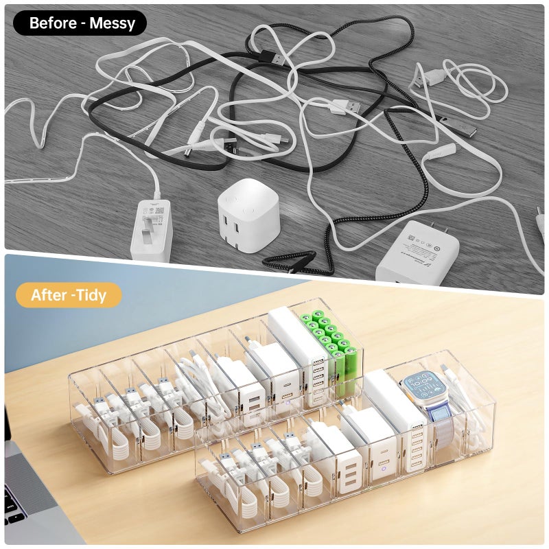 FRETONBA 2 Pack Cable Storage Organizer Box with 8 Compartments and 14 Wire Ties, Stackable Charger Organizer, Clear Cord organizer for Drawer, Adjustable Divider Cord Management Box - Image 5