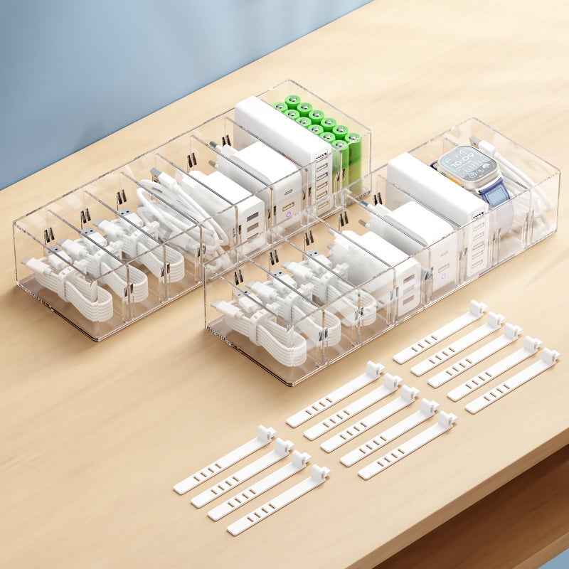 FRETONBA 2 Pack Cable Storage Organizer Box with 8 Compartments and 14 Wire Ties, Stackable Charger Organizer, Clear Cord organizer for Drawer, Adjustable Divider Cord Management Box - Image 1